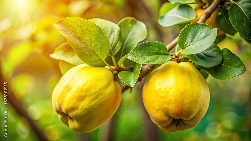 Obraz premium Miniature Quince Fruit on Branch with Leaves - Copy Space for Text - Tilt-Shift Photography