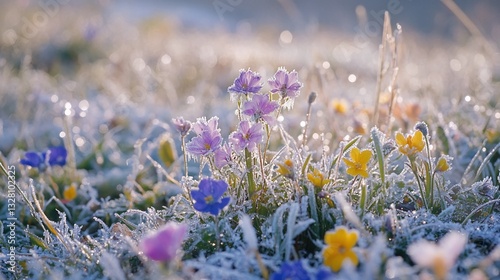 close-up A stunning contrast of colorful wildflowers blooming through the icy grasslands, with frost-covered blades of grass glistening in the sunlight