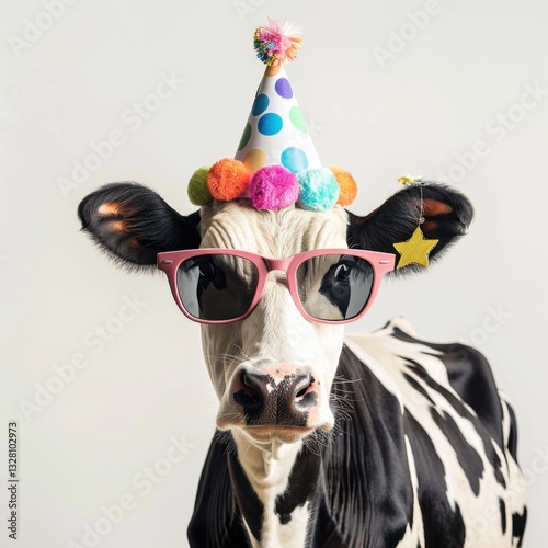 Happy Cow with Party Hat and Sunglasses Celebrating Joyful Moment