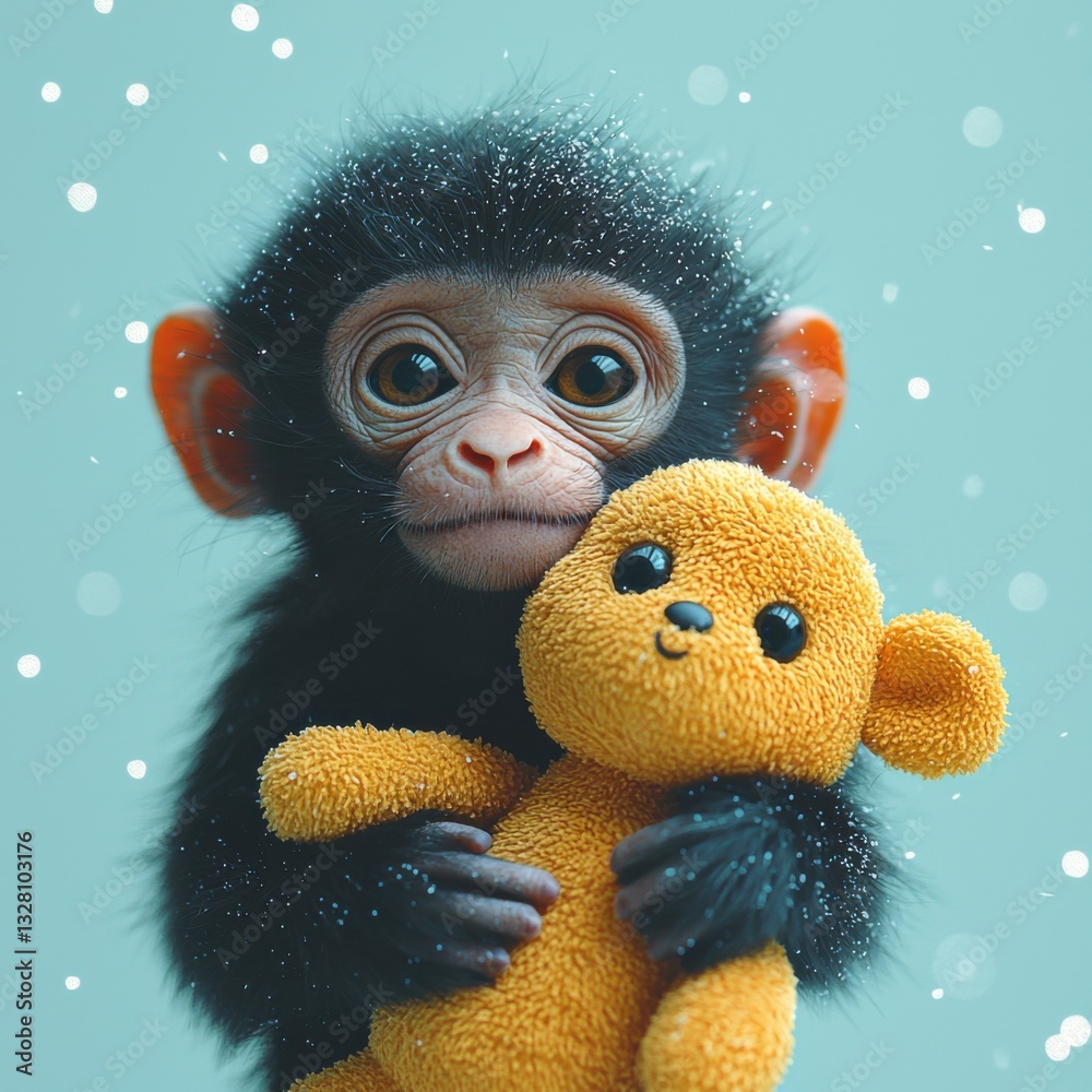 Fototapeta premium Cute Young Monkey Holding Adorable Teddy Bear on Soft Background