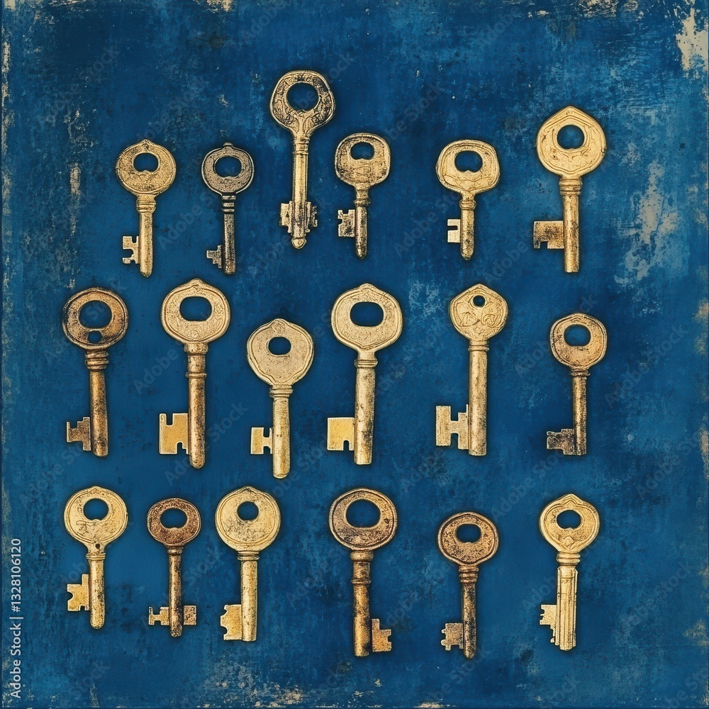 A collection of antique golden keys arranged upon a blue surface A collection of antique golden keys arranged upon a blue surface
