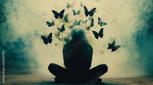 Human silhouette dissolving into butterflies symbolizing emotional transformation