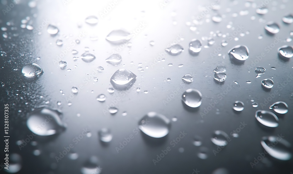 Close-up of water droplets on a reflective surface with soft lighting. Close-up of water droplets on a reflective surface with soft lighting.