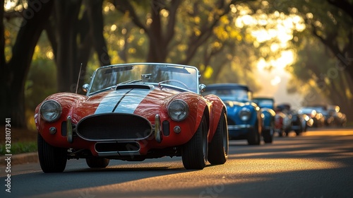 Classic cars drive along tree-lined road at sunset