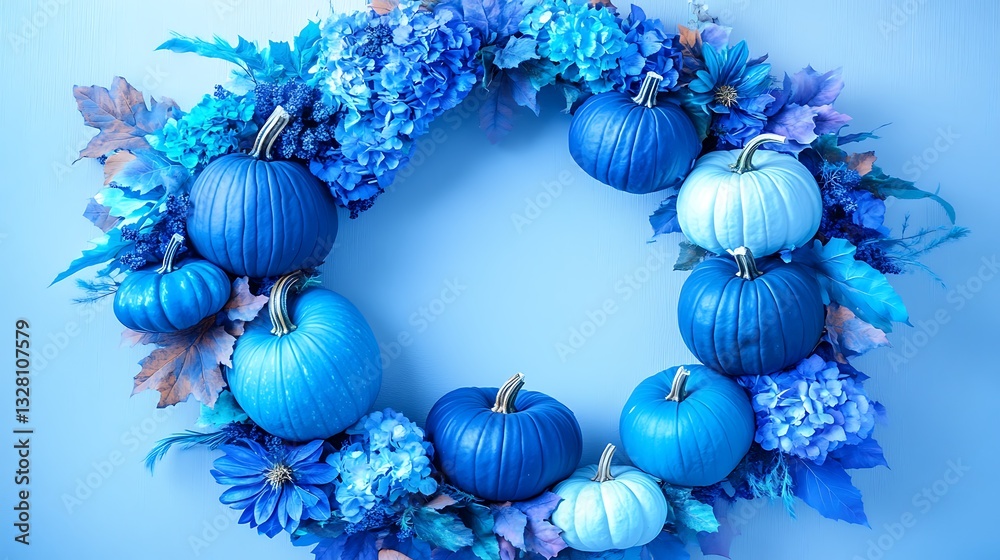 Blue pumpkin and hydrangea wreath. Blue pumpkin and hydrangea wreath.