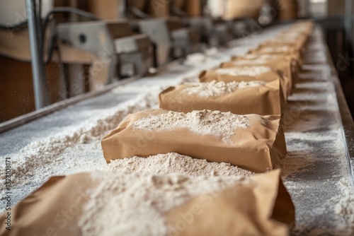 Flour Bags on a Processing Table in a Manufacturing Facility