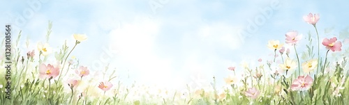 Bright meadow filled with colorful flowers under a clear blue sky.