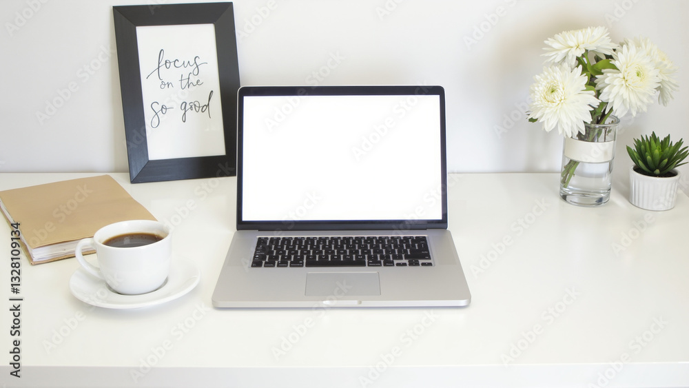 Minimalist workspace with blank laptop screen, clean desk design featuring a cup and plant, perfect for productivity and creativity. Minimalist workspace with blank laptop screen, clean desk design featuring a cup and plant, perfect for productivity and creativity.
