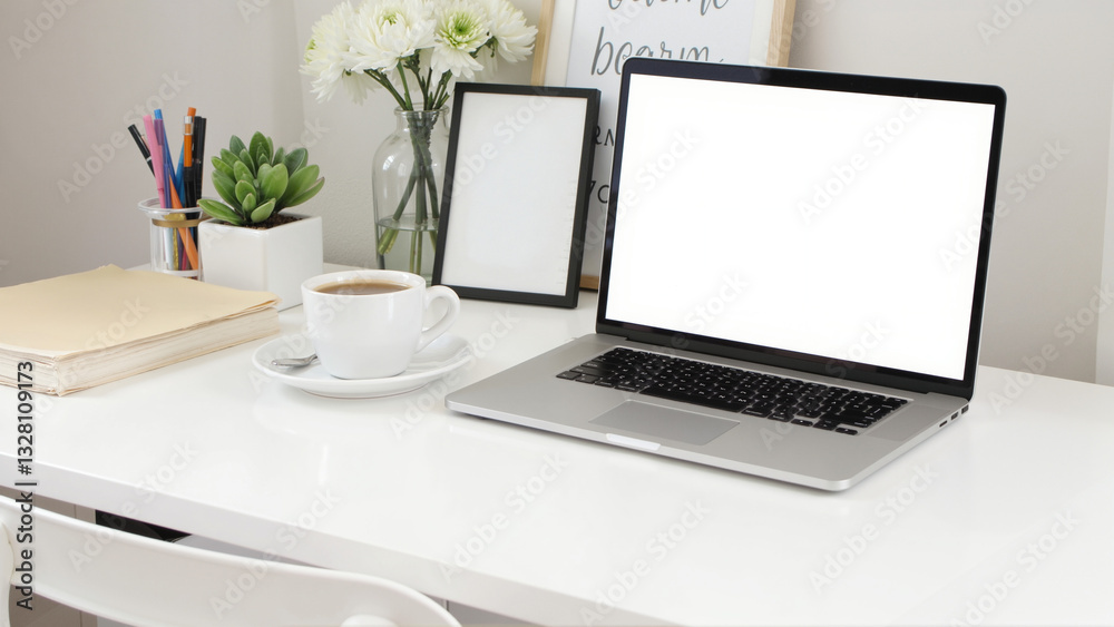 Fototapeta premium Modern workspace with laptop, clean desk setup, minimalistic decor, perfect for productivity and creativity, ample copy space.