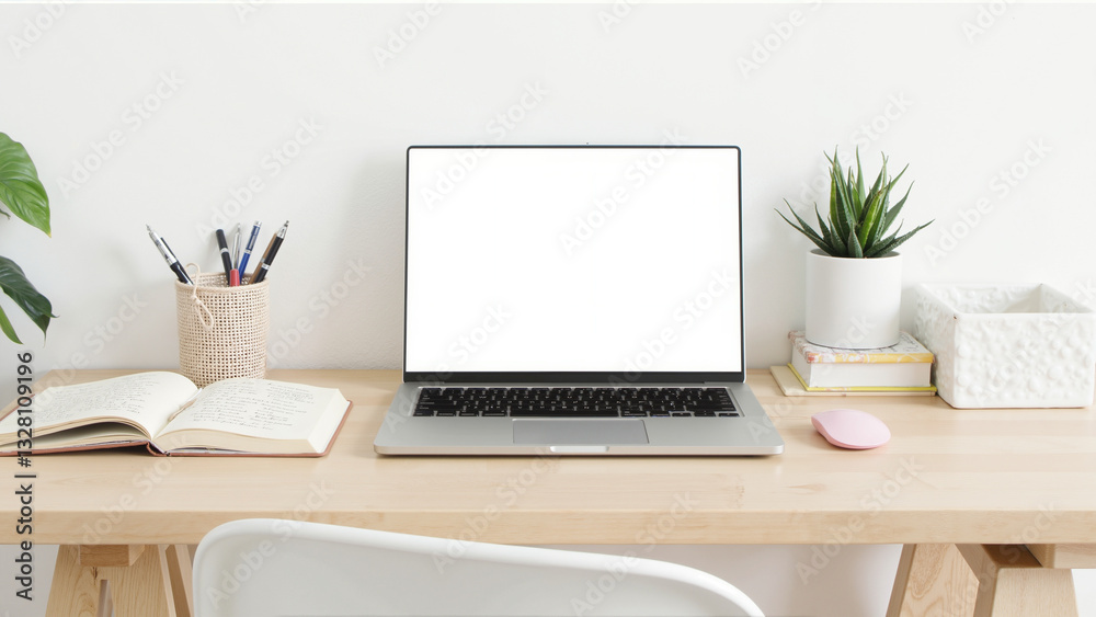 Minimalist workspace with laptop, modern desk setup featuring plants and stationery, ideal for remote work or studying, copy-space included.