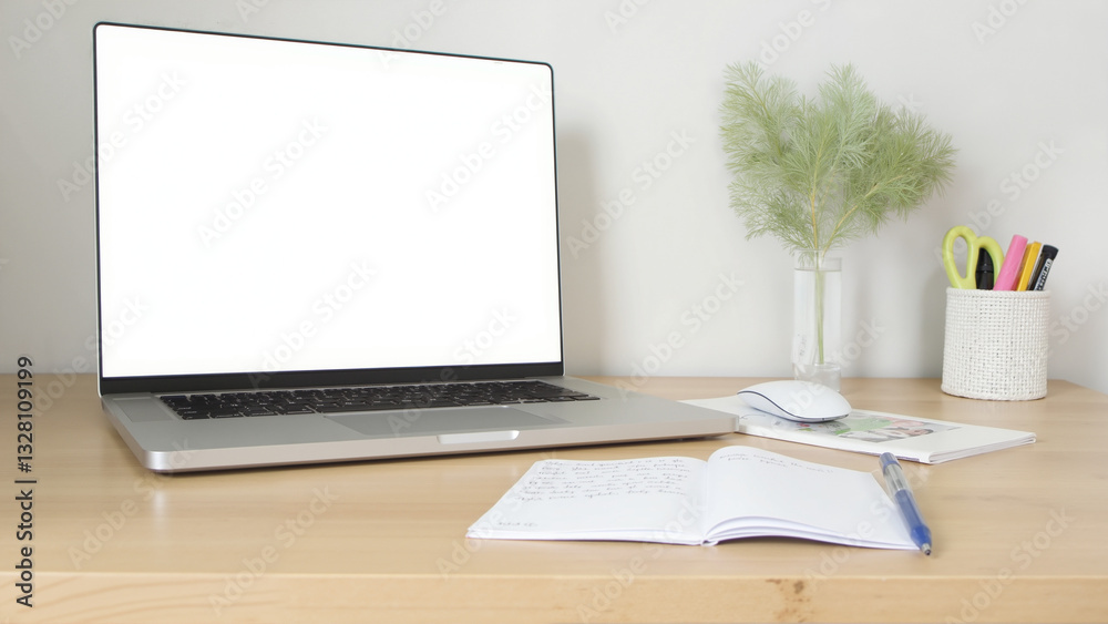 Minimalist workspace featuring a blank laptop screen, modern desk setup with potted plant and organized stationery, ideal for productivity. Minimalist workspace featuring a blank laptop screen, modern desk setup with potted plant and organized stationery, ideal for productivity.