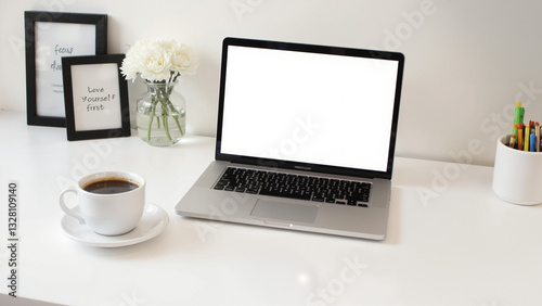 Minimalist workspace with laptop, modern decor, green plant, clean aesthetic, perfect for productivity and creative ideas.