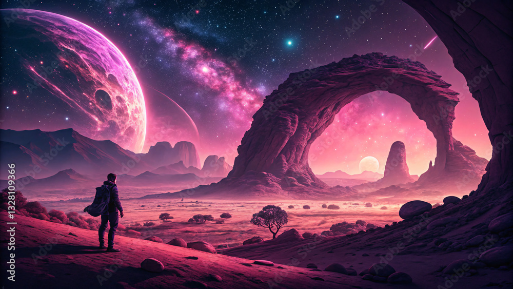 Naklejka premium A Lone Traveler Contemplates A Breathtaking Alien Landscape Under A Vibrant Pink Nebula, A Majestic Stone Arch Framing The Cosmic Spectacle With Deep Purple Hues