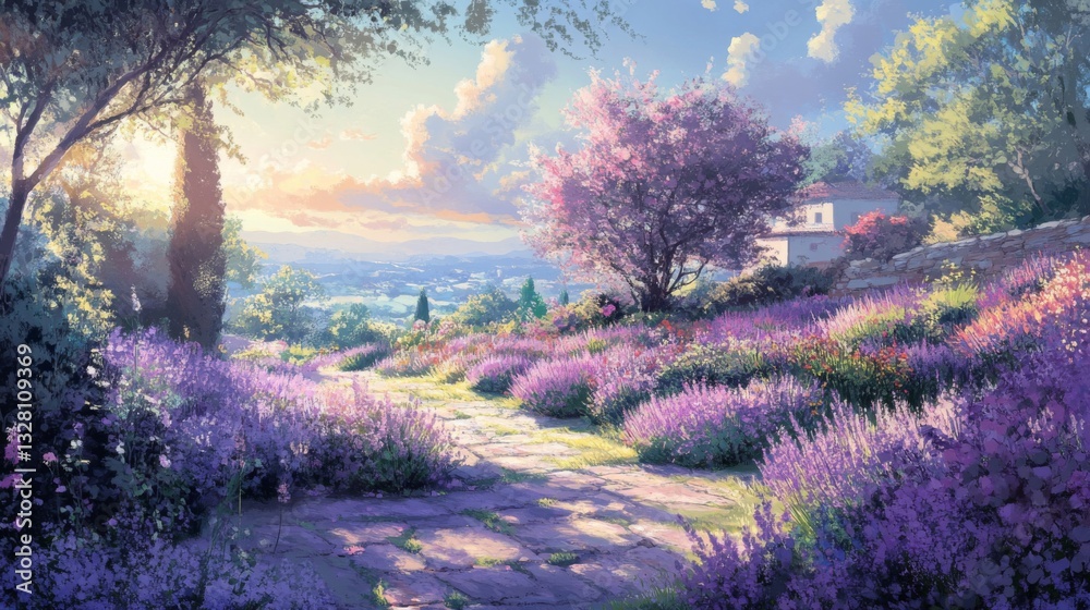 Purple Lavender Field Path at Sunset Landscape Purple Lavender Field Path at Sunset Landscape