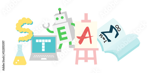 Colorful title design for STEAM education. Text elements with symbols representing science, technology, engineering, arts and mathematics learning.