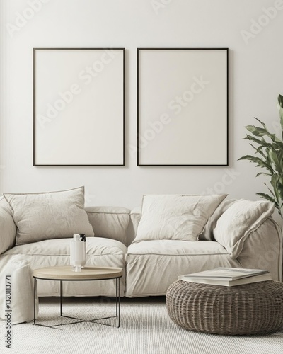 Minimalist living room with beige sofa, coffee table, and two blank square frames.