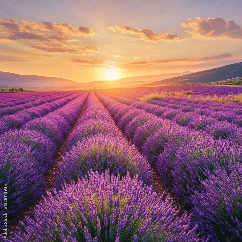 Obraz premium Stunning Lavender Fields at Sunset Vibrant Purple Blossoms and Golden Hour Light