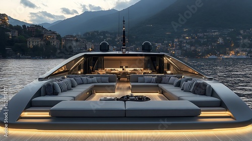 Luxury yacht at dusk, aft deck seating area.