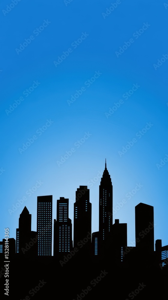 Naklejka premium A silhouetted urban city skyline against a vibrant blue sky