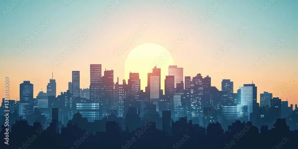 Fototapeta premium A stylized city skyline silhouetted during sunset over the horizon