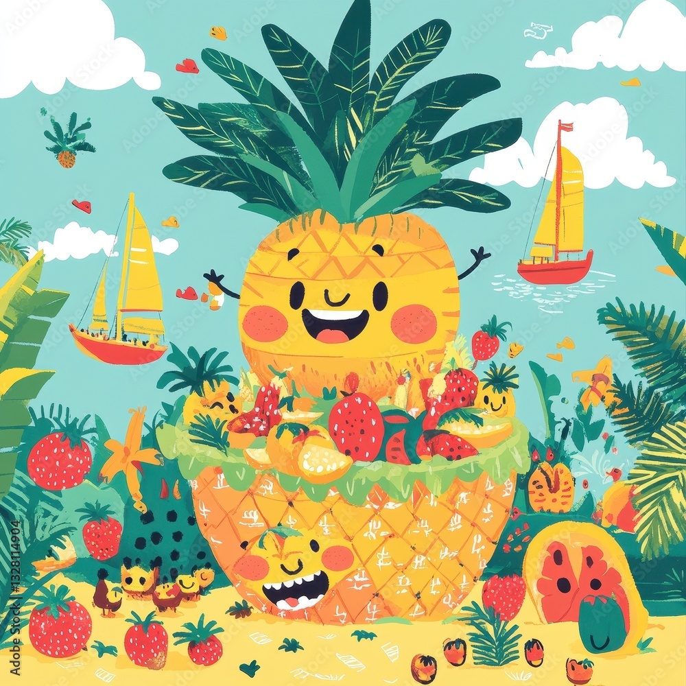 Naklejka premium A Happy Pineapple Surrounded By Fruits And Sailing Boats