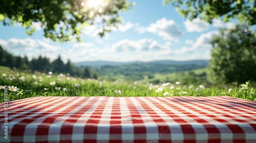 a red and white checkered table cloth on the grass