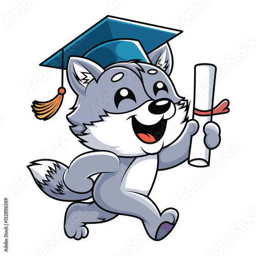 Happy cartoon wolf wearing a graduation cap and gown holding a diploma vector design element.