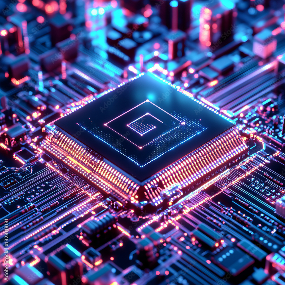 Obraz premium Close-up of microchip on illuminated circuit board with blue and orange lights