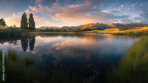 Sunset reflection in calm lake, mountain range background, peaceful landscape, nature photography