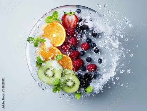 Abstract top-down view of fruit biosynthesis process with soft lighting in a splash of freshness