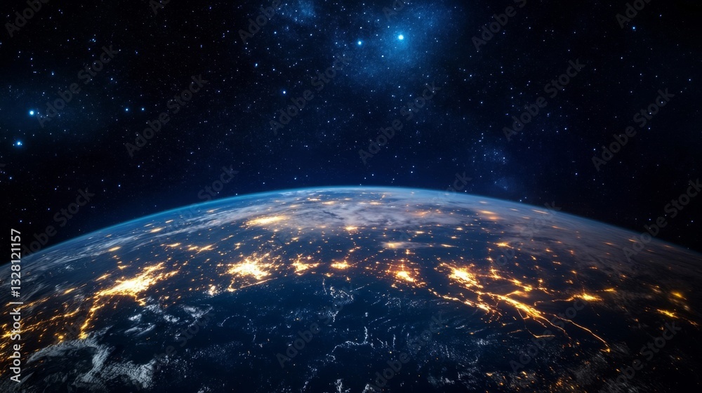 Fototapeta premium Earth at Night From Space: Blue Planet Glowing with City Lights