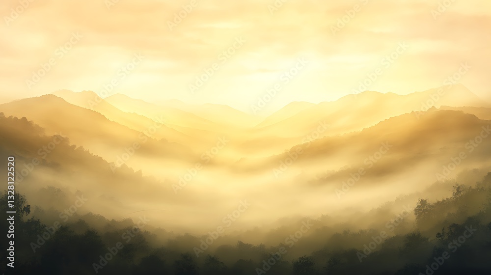 Fototapeta premium Golden misty landscape at sunrise, featuring soft hills and gentle light.