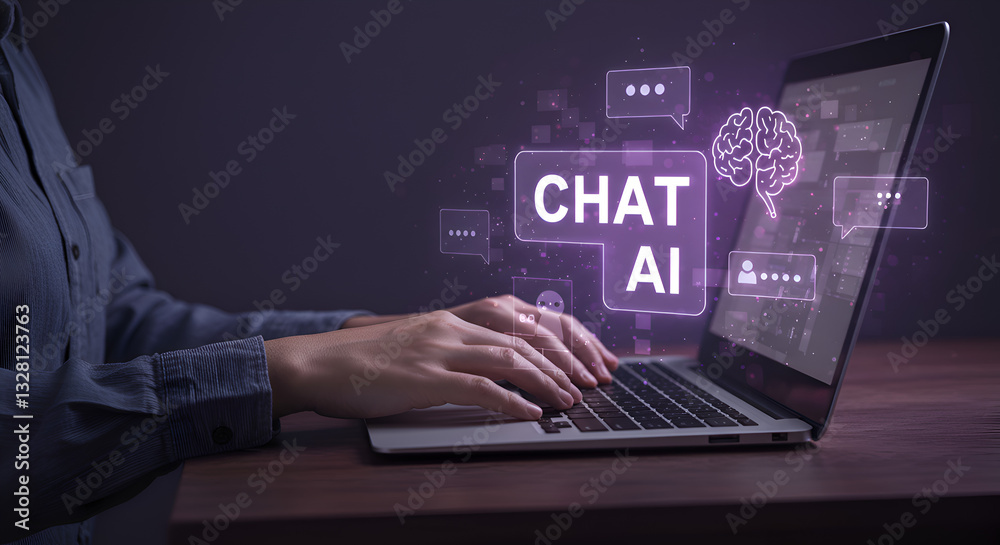 Holographic AI chat application concept with hand interacting on a laptop. Holographic AI chat application concept with hand interacting on a laptop.