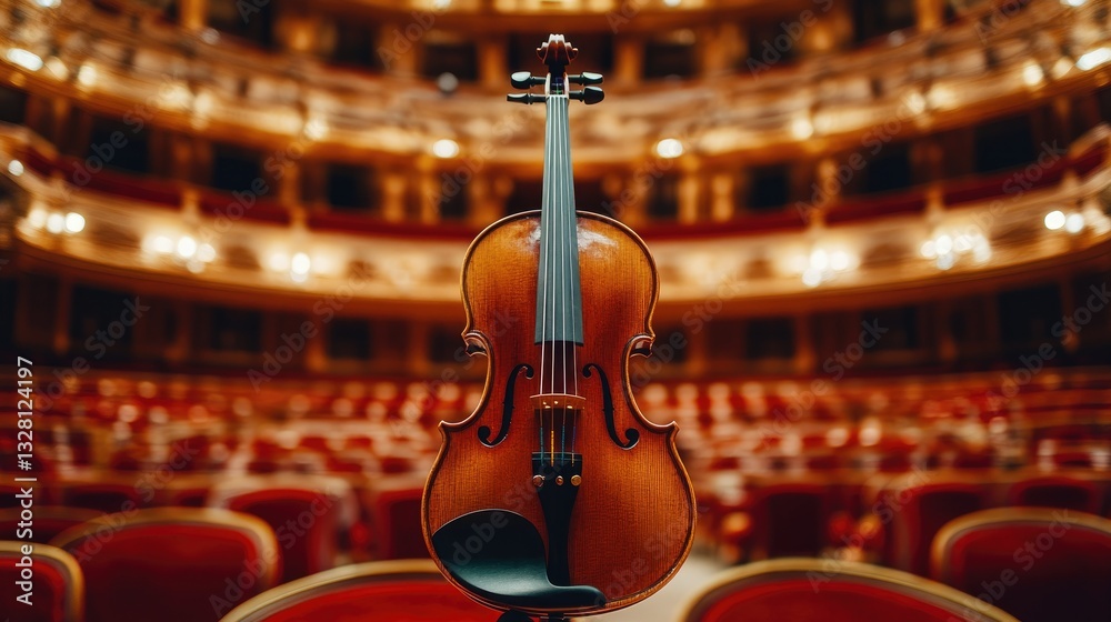 Fototapeta premium A violin against a grand concert hall backdrop, emphasizing performance and elegance.
