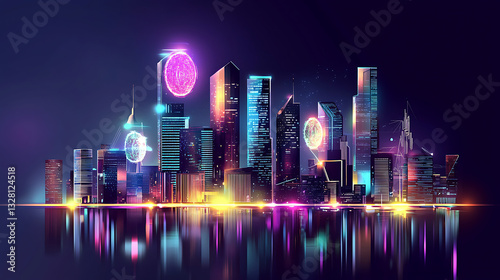 Wallpaper Mural A city skyline with neon lights and a reflection of the city in the water. AI Generated Torontodigital.ca