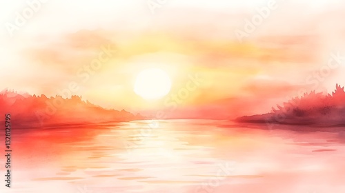 Fototapeta Naklejka Na Ścianę i Meble -  Serene sunset over a tranquil river, painted in warm hues of orange and pink, reflecting calm waters.