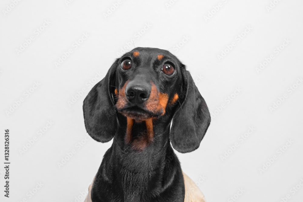 close-up of a dachshund with a curious expression. dog puppy black and tan markings stand out against the white backdrop, highlighting its glossy coat and attentive eyes close-up of a dachshund with a curious expression. dog puppy black and tan markings stand out against the white backdrop, highlighting its glossy coat and attentive eyes