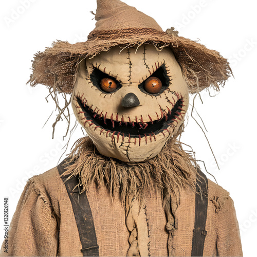 A creepy scarecrow figure with a sinister smile, stitched details, and glowing orange eyes, perfect for Halloween decor.