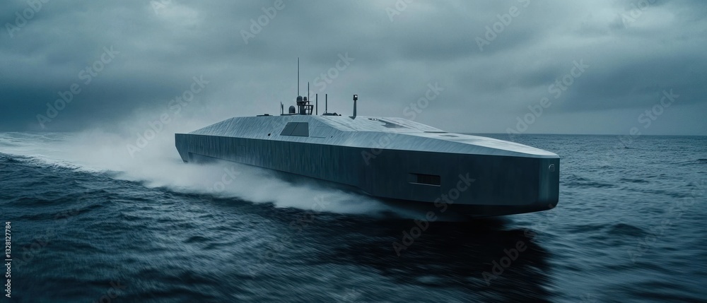 Fototapeta premium High-Speed Naval Vessel Cutting Through Ocean Waves