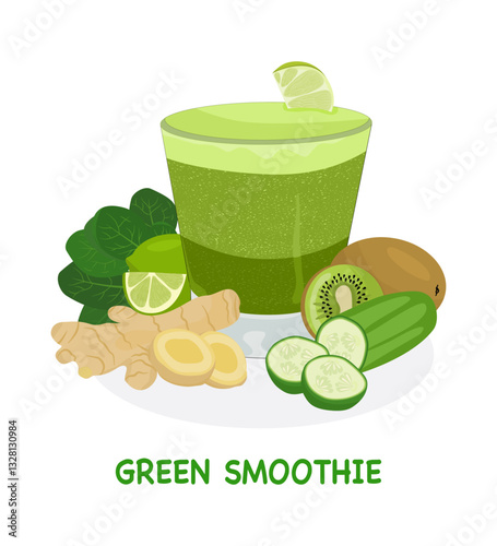 A glass of green smoothie with kiwi cucumber lime ginger and spinach.