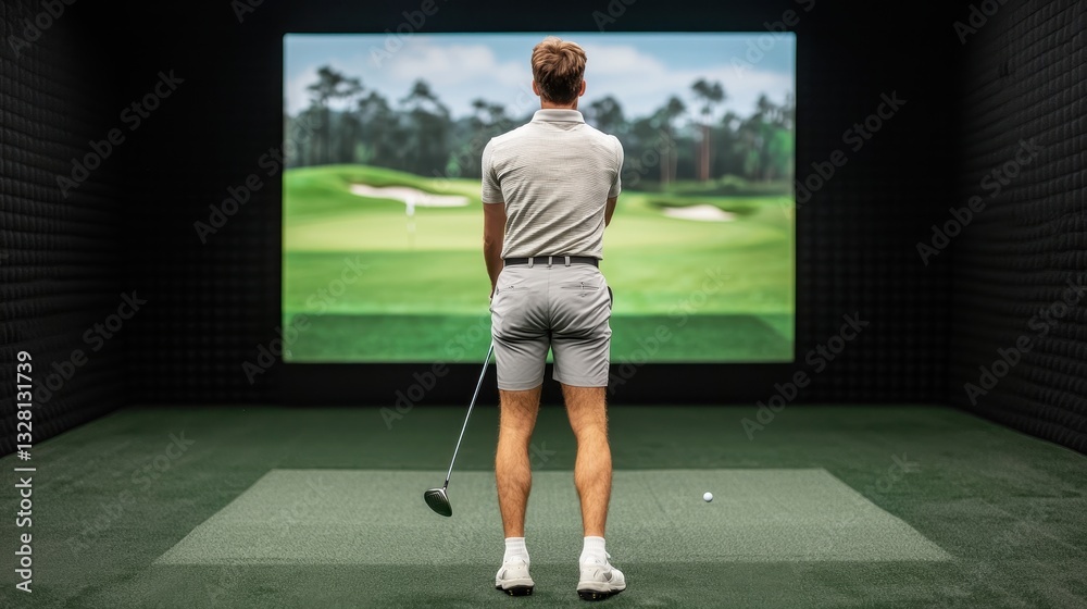 Fototapeta premium A golfer practices his swing in a virtual golf simulator, focusing on technique in a controlled indoor environment.
