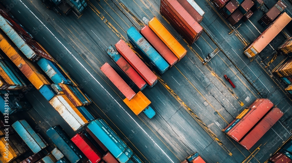 Obraz premium Aerial View of Colorful Shipping Containers in Port Logistics Area
