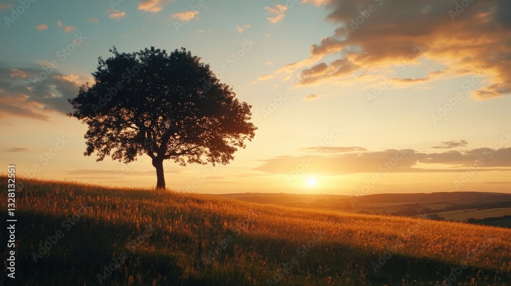 Fototapeta premium Solitary Tree Silhouette at Sunset Over Rolling Hills
