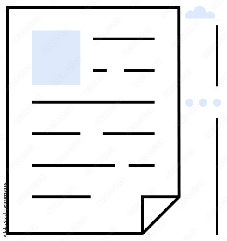 Document layout with a folded corner, minimal text lines, and cloud-sync indicators on the side. Ideal for organization, communication, workflow, documents, technology, cloud storage flat simple Document layout with a folded corner, minimal text lines, and cloud-sync indicators on the side. Ideal for organization, communication, workflow, documents, technology, cloud storage flat simple