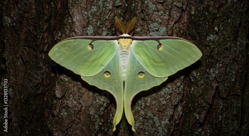 Close-Up of a Luna Moth Resting on Tree Bark: A Stunning Display of Nature's Beauty photo