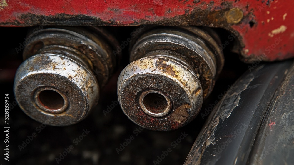 Detailed close-up image of lug nuts on a race car wheel, showcasing the metallic texture and wear. Ideal for automotive and racing themes. Detailed close-up image of lug nuts on a race car wheel, showcasing the metallic texture and wear. Ideal for automotive and racing themes.