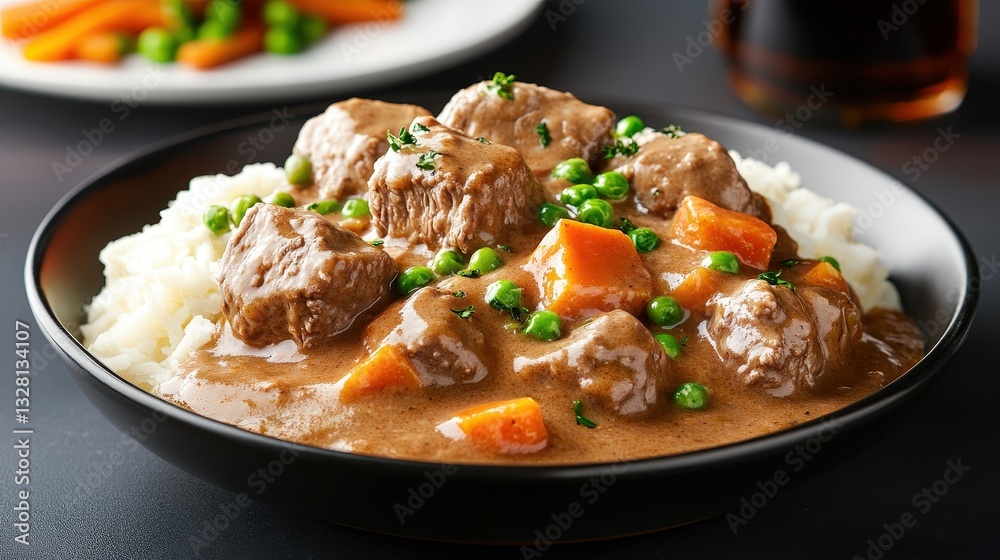 Richly seasoned beef chuck pot pie served with creamy mashed potatoes and vibrant vegetables Richly seasoned beef chuck pot pie served with creamy mashed potatoes and vibrant vegetables