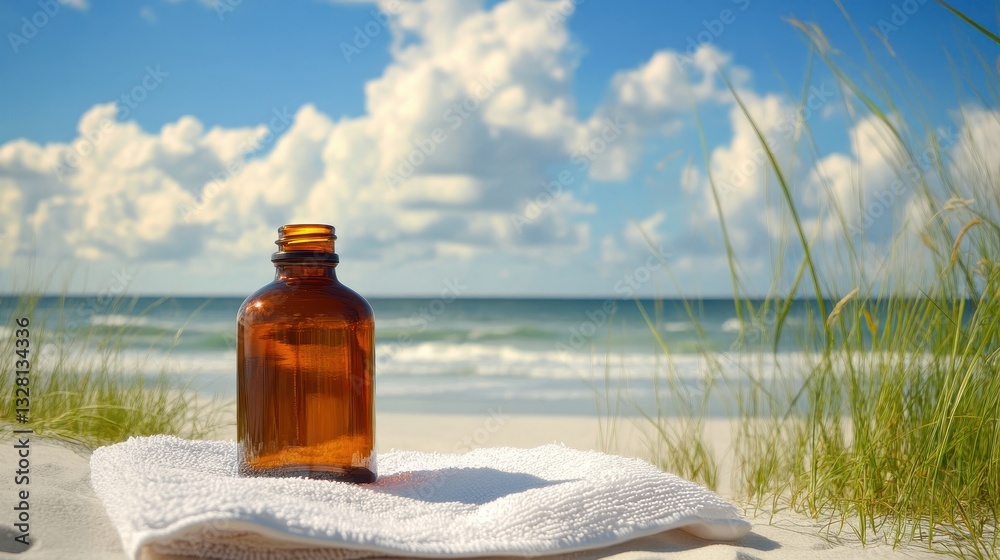 Obraz premium Amber bottle on beach towel near ocean