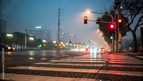 A busy city street at night with a red light at the intersection