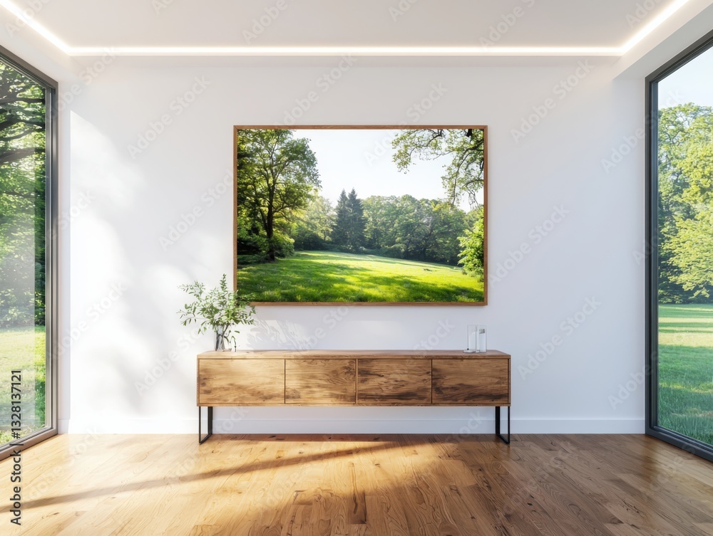 Fototapeta premium Farm-themed wall art above wooden console in warm ambient light frontal view highlighting details